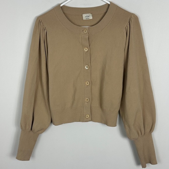 Aritzia Wilfred Alessia Puff Sleeve Cardigan Taupe Beige Sand Womens Size Large - Picture 2 of 16